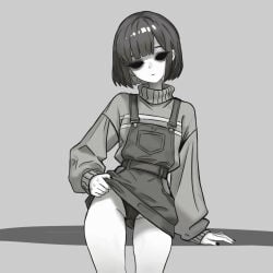 1girl artlongon black_hair bob_cut clothed core_frisk denim_overalls fanart female_frisk frisk greyscale looking_at_viewer monochrome overalls panties panty_shot short_hair skirt_lift solo striped_sweater sweater teasing thigh_focus thighs turtleneck undertale undertale_au upskirt