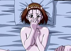 1boy 1girls 90s animated ass bed_sheet big_ass blinking blush breast_squeeze breasts brown_eyes brown_hair censored couple covering covering_mouth dark feet female game_cg hairband hand_over_mouth indoors leg_grab looking_at_viewer lowres lying male matching_hair/eyes medium_breasts nami_(viper) navel nude on_back pillow small_breasts sogna spread_legs spreading thick_thighs thighs toes viper_(series) viper_v16 yellow_hairband