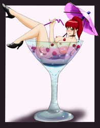 bendy_straw breasts cocktail_garnish cocktail_glass cocktail_umbrella collar cute female female_only fruit green_eyes high_heels licking_lips nipples nude_female parasol pierced_nipples piercings ponytail red_hair sparkle sparkles umbrella wine_glass