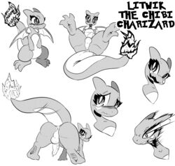 3_toes anthro anus ass big_butt black_and_white charizard chibi featureless_crotch fire flaming_tail frown genitals happy hi_res litwik_(white_crest) male membrane_(anatomy) membranous_wings monochrome motion_lines multiple_images nintendo penis pokémon_(species) pokemon pokemon_(species) presenting presenting_anus presenting_hindquarters raised_tail sad scalie simple_background smile solo tapering_penis thick_thighs toes video_games white_background white_crest wings