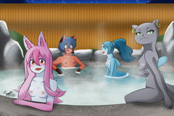 3:2 4girls absurdres anthro brand_new_animal breasts canid canine cetacean delphinoid erdfurry female female_only fur furry grey_body grey_fur group highres hot_spring humanoid inner_ear_fluff mammal marie_itami marine michiru_kagemori mink multiple_girls mustelid musteline nazuna_hiwatashi nina_flip open_mouth pink_hair raccoon_dog studio_trigger tanuki toothed_whale tuft water white_fur