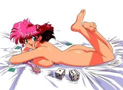 1girls 90s armpits arms_up bed_sheet big_ass breast_press breasts condom condom_wrapper cyomi dice earrings eyebrows_visible_through_hair feet female female_only green_eyes highres holding_object large_breasts looking_at_viewer lying moriyama_yuji nude official_art on_stomach open_mouth pink_hair sideboob simple_background smile sogna soles solo star thick_thighs thighs toes tongue viper_(series) viper_btr wand white_background