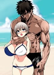 1boy 1girls asanagi big_breasts bikini blue_eyes blush edit grey_hair hand_around_neck huge_breasts larger_male meme muscular_male outdoors pale-skinned_female pale_skin sakurai_shinichi short_hair shortstack size_difference smaller_female straight swimsuit third-party_edit uzaki-chan_wa_asobitai! uzaki_hana