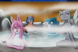 3:2 4girls absurdres anthro brand_new_animal breasts canid canine censored cetacean delphinoid erdfurry female female_only fur furry grey_body grey_fur group highres hot_spring humanoid inner_ear_fluff mammal marie_itami marine michiru_kagemori mink multiple_girls mustelid musteline nazuna_hiwatashi nina_flip open_mouth pink_hair raccoon_dog steam studio_trigger tanuki toothed_whale tuft water white_fur