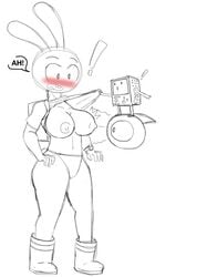 !! 1boy 1girls 2020 adventure_time adventure_time_distant_lands anthro anthrofied areolae backpack blush bmo boots breast_expansion breast_growth breasts breasts_out breasts_out_of_clothes bunny_ears bunny_girl bunny_humanoid bunny_tail cartoon_network embarrassed english_text exposed_breasts exposed_nipples eyebrows ghastlypann hi_res looking_at_breasts looking_down monochrome near_monochrome nipples olive_(adventure_time_distant_lands) open_mouth panties partially_clothed partially_clothed_female shirt shirt_lift sketch speech_bubbles surprised surprised_expression text text_bubble thick_thighs thighs white_background y5 y5_(adventure_time)