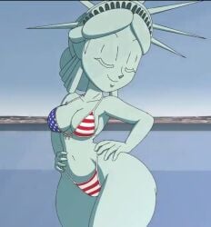 american_flag_bikini eyes_closed giantess huge_thighs public_domain sentient_object statue statue_of_liberty tansau voluptuous