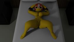 3d anthro bed clothing cosplay_pikachu cosplay_pikachu_(costume) felixnsfw female furniture genitals hi_res looking_at_viewer lying nintendo nsfwo nsfwo262 nude on_back pikachu pikachu_libre pokémon_(species) pokemon pussy solo spread_legs spreading video_games wo262