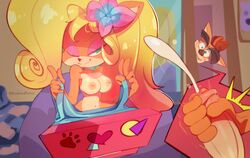 1boy 1girls anthro blonde_hair breasts coco_bandicoot computer crash_(series) crash_bandicoot cum cumshot disabledfetus electronics flashing flower_in_hair green_eyes incest inverted_nipples laptop licking_lips masturbation medium_breasts nude ponytail wink