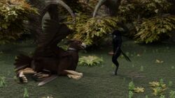 3d anthro avian bird collar corvid corvus_(genus) duo feral gryphon hi_res male male/male mythological_avian mythology oscine passerine raven555 raven_(bird) size_difference small_dom_big_sub