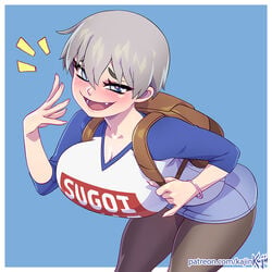 1girls backpack bag big_breasts blush boots bottomwear breasts cleavage clothing female female_only footwear huge_breasts kajinman large_breasts open_mouth solo t-shirt topwear uzaki-chan_wa_asobitai! uzaki_hana