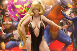 1girls big_breasts breasts cleavage cynthia_(pokemon) female large_breasts limgae looking_at_viewer pokemon pokemon_dppt solo_focus spiritomb