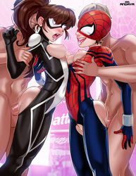 2boys 2girls andava anya_corazon arana arched_back big_breasts clothed_female clothed_female_nude_male faceless_male foursome from_behind_position light-skinned_male light_skin long_hair marvel mayday_parker nipples saliva_string sex short_hair spider-girl spider-man_(series) straight superheroine tongue_out