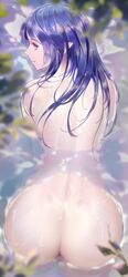 ass ass_focus bath blue_eyes blue_hair chowbie elf_ears female long_hair looking_back pointy_ears presenting_ass solo_female water wet