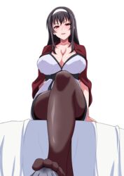 bangs big_breasts black_hair black_legwear blush breasts bulge cleavage clothed_female collarbone curvy erection_under_clothes female footjob footjob_over_clothes footjob_with_legwear foreshortening hairband highres kasumigaoka_utaha large_breasts long_hair looking_at_viewer looking_down pantyhose parted_lips red_eyes saenai_heroine_no_sodatekata sidelocks sitting smile solo tawashi1623 white_hairband wide_hips