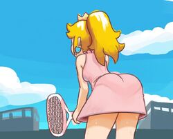 1girls ass ass_focus back bending_forward bending_over bent_over blonde_hair butt_crack_outline crown dat_ass earrings female female_only from_behind legs mario_(series) mario_tennis minus8 nintendo outdoors princess_peach skirt solo sweat tennis tennis_uniform