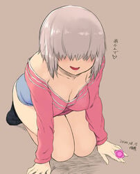 1girls 2020 bangs_over_eyes bare_shoulders blinding_bangs blue_shorts blush breasts condom dated eyes_covered female female_only grey_hair hair_covering_eyes hair_over_eyes holding_condom japanese_text open_mouth pale-skinned_female pale_skin pink_topwear pointy_chin short_hair shorts silver_hair smile socks solo text thick_thighs thighs tsukudani_(coke-buta) tukudani uzaki-chan_wa_asobitai! uzaki_yanagi wrapped_condom