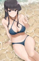 big_breasts black_eyes blue_bra blue_panties blue_swimsuit blush dark_hair embarrassed female komi-san_wa_komyushou_desu komi_shouko long_hair looking_at_viewer navel ocean sand sitting solo_female swimsuit takita wet