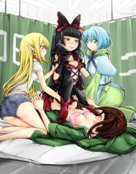 4girls big_breasts black_hair blonde_hair blue_hair bra breasts brown_hair cowgirl_position demigoddess denim_shorts elf female female_only gate_-_jieitai_ka_no_chi_nite_kaku_tatakaeri girl_on_girl gothic_lolita kuribayashi_shino lelei_la_lelena multiple_girls open_shirt panties rory_mercury tongue tongue_out tshirt tuka_luna_marceau yuri