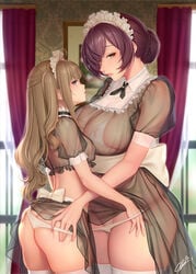 2girls after_kiss age_difference ass big_breasts bra breasts brown_hair collared_dress commentary_request cowboy_shot dress female female/female female_only hair_bun hands_on_ass height_difference hug huge_breasts indoors large_breasts larger_female lingerie long_hair maid maid_headdress masami_chie midriff multiple_girls nipples_visible_through_clothing original panties purple_eyes purple_hair saliva saliva_trail see-through sheer sheer_clothing size_difference skindentation small_breasts smaller_female stockings thighhighs tight_underwear underwear white_bra white_legwear white_panties wide_hips yellow_eyes yuri