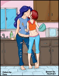 age_difference baking barefoot blue_hair cooking exposed_midriff hand_on_hip hoop_earrings human incest kissing kitchen milf mother mother_and_child mother_and_daughter prophet red_hair ripped_jeans size_difference susan_vandom teenager tiptoes torn_clothes w.i.t.c.h. will_vandom yuri