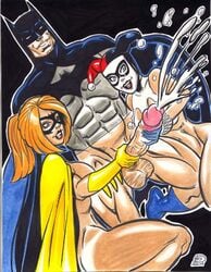 00s 1boy 2000s 2009 2girls all-star_batman_and_robin barbara_gordon batgirl batman batman_(series) big_penis bottomless_male cum cumshot dc_comics double_handjob female ffm_threesome handjob harley_quinn harley_quinn_(classic) male muscular_male naked_female penis rob_durham straight tagme threesome