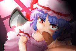 blue_hair blush demon_wings erect_nipples hat nail_polish oral pointy_ears red_eyes red_nail_polish remilia_scarlet senken_kiyohiko short_hair small_breasts sweat tears touhou wings