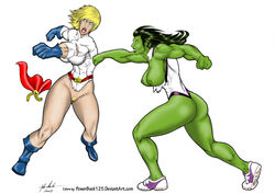 00s 2000s 2009 2girls ass avengers big_breasts blonde_hair blue_eyes boots breasts catfight color colored crossover dc dc_comics fabio_miranda female female_only fight green_hair green_skin hulk_(series) kara_zor-l karen_starr leotard long_hair marvel marvel_comics multiple_girls muscle muscular muscular_female nipples power_girl powerbook125 pubic_hair she-hulk shoes superman_(series) thong_leotard torn_clothes