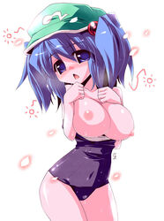 blue_hair blush breasts hat large_breasts miuku_(marine_sapphire) nipples nitori_kawashiro one-piece_swimsuit school_swimsuit swimsuit swimsuit_pull tied_hair touhou twintails