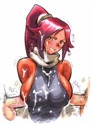 bleach blush breasts cum cum_on_body cum_on_breasts cum_on_upper_body dark-skinned_female dark_skin interracial kikuta large_breasts penis red_hair shihouin_yoruichi smile sweat uncensored