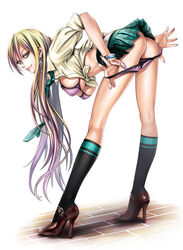 1girls aqua_eyes ass bent_over blonde_hair bra bra_cups_sticking_out bracelet breasts earrings female front-tie_top hanging_breasts high_heels highres jewelry kneehighs large_breasts legs lingerie lips long_hair midriff necktie original panties panty_pull plaid sadakage school_uniform shoes simple_background skirt smile solo underwear undressing