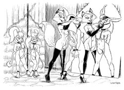 1990s 1992 20th_century 4girls anthro ball_gag black_and_white bondage bound breasts canine chains cuffs fox fur furry gag gif high_heels ink lagomorph monochrome mouse nipple_piercing nipples piercing pussy rabbit raised_tail rodent signature speet static_gif straight_hair year