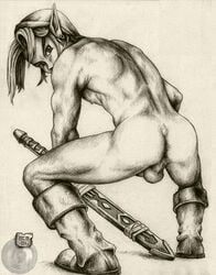 ass back_view boots crosshatching ear_piercing eyebrows footwear hair hat hylian link link_(twilight_princess) looking_back male male_only monochrome nintendo nipples nude open_eyes piercing pointy_ears rough_canvas solo squatting straight_hair sword testicles the_legend_of_zelda twilight_princess weapon