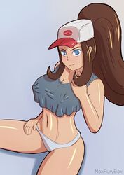 1girls artist_name blue_eyes brown_hair eye_contact female hat hilda_(pokemon) long_hair looking_at_viewer nintendo nipple_slip noxfurybox pale-skinned_female pale_skin panties pokemon pokemon_bw ponytail shiny_skin thighs