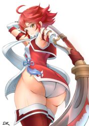 1girls ahoge arm_guards armor artist_name ass bangs boots breasts brown_eyes bubble_butt closed_mouth commentary_request deekei dress dutch_angle eyebrows_visible_through_hair fat_ass female fire_emblem fire_emblem_fates from_behind gloves highres hinoka_(fire_emblem) holding holding_weapon huge_ass japanese_clothes lips naginata nintendo panties pantyshot pantyshot_(standing) polearm red_footwear red_hair scarf shiny shiny_hair shiny_skin short_dress short_hair side_slit signature simple_background sleeveless small_breasts smile solo spear standing thick_thighs thigh_boots thighhighs thighs underwear upskirt weapon white_background white_panties white_scarf