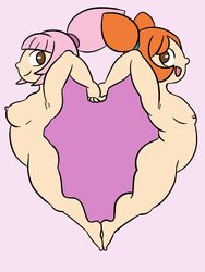 2girls ana_(warioware) barefoot brown_eyes hair_bun kat_(warioware) mario_(series) multiple_girls nintendo nipples nude orange_hair pink_hair simple_background twins wario_(series) warioware