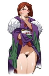 blush brown_eyes brown_hair clothing kanzaki_sumire lifting_skirt looking_to_the_side no_panties pubic_hair sakura_wars sega shin_sakura_taisen short_hair sweat