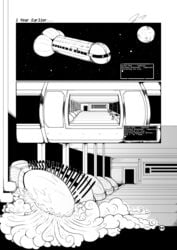 comic dialogue english_text hi_res inoby monochrome moon space spacecraft star steam text vehicle zero_pictured