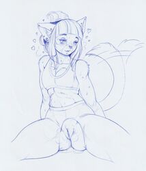 1girls anthro feline female female_only flat_chest long_hair longinius pussy pussy_juice sketch solo spread_legs spreading tailwag wet wet_pussy