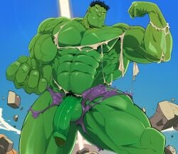 balls bara big_balls big_penis flexing gay green_skin hulk hulk_(series) male male_only marvel marvel_comics muscles muscular penis ripped_clothing solo solo_male thy_carker thymilph