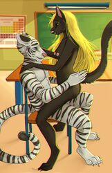 anthro blonde_hair blue_eyes breasts chalkboard classroom felid feline female hair male mammal nicotine-mayhem pantherine school sex straight tau_maxim tiger