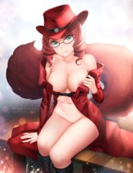 animal_ears breasts casimira_(orannis) coat drill_curls eyewear female genitals gigamessy glasses hat headgear headwear humanoid mammal pussy solo squirrel_humanoid topwear