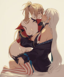 2girls amazuki_jou asymmetrical_footwear azur_lane body_markings bodypaint bra breasts choker closed_eyes earrings facial_mark fingering forehead_mark gloves half_gloves highres jean_bart_(azur_lane) jewelry large_breasts light_brown_hair massachusetts_(azur_lane) medium_breasts micro_shorts multiple_girls native_american nipples partially_undressed ponytail pussy_juice saliva saliva_trail shorts striped striped_legwear thighhighs underwear vertical-striped_legwear vertical_stripes white_hair yuri