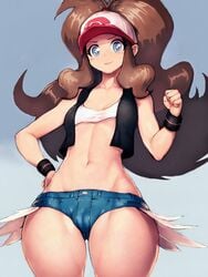 1girls cameltoe female female_only fumio_(rsqkr) hilda_(pokemon) looking_at_viewer pokemon pokemon_bw short_shorts shorts solo tank_top thick_thighs wide_hips