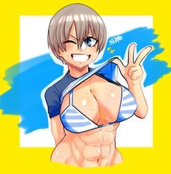 1girls abs huge_breasts lifted_shirt mcflarey solo sweat tagme undressing uzaki-chan_wa_asobitai! uzaki_hana white_hair