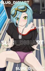 alesha_(metal_slug) blue_hair dog_tags female female_only green_eyes light-skinned_female metal_slug metal_slug_attack panties slug_teasing snk tagme tattoo