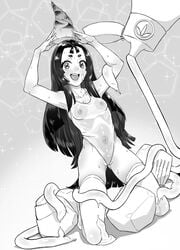 ahorobo armpits arms_up blush collarbone covered_navel covered_nipples greyscale hat highres kaguya_hime kneeling long_hair monochrome open_mouth original see-through short_eyebrows smile sparkle sweat swimsuit tagme taketori_monogatari teeth thighhighs tongue upper_teeth very_long_hair