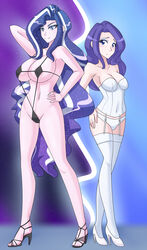 2girls armpits before_and_after blush breast_expansion cleavage corset duality eyeshadow female female_only friendship_is_magic growth high_heels huge_breasts implied_growth jonfawkes large_breasts lingerie long_hair micro_bikini my_little_pony nightmare_rarity purple_hair rarity_(mlp) seductive sling_bikini stockings straight_hair string_bikini underwear white_stripes