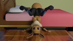 3d anthro bed breasts clothed clothing eevee felixnsfw female furniture hi_res looking_at_viewer nintendo pokémon_(species) pokemon pokemon_rgby solo topless topless_female upside-down video_games