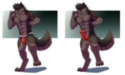 5:3 anthro balls barazoku canid canine canis clothing coffeecat domestic_dog genitals hi_res jocks jockstrap kemono male male_only mammal nude penis sex solo underwear wolf