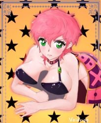 * angry big_breasts bra clothed clothed_paizuri collar colored embarrassed erection female green_eyes grey_penis half_naked huge_breasts jojo's_bizarre_adventure math no_panties on_top outercourse paizuri pink_hair short_hair shounen_jump skirt soft_breasts stars trish_una vento_aureo voidripp yellow_background